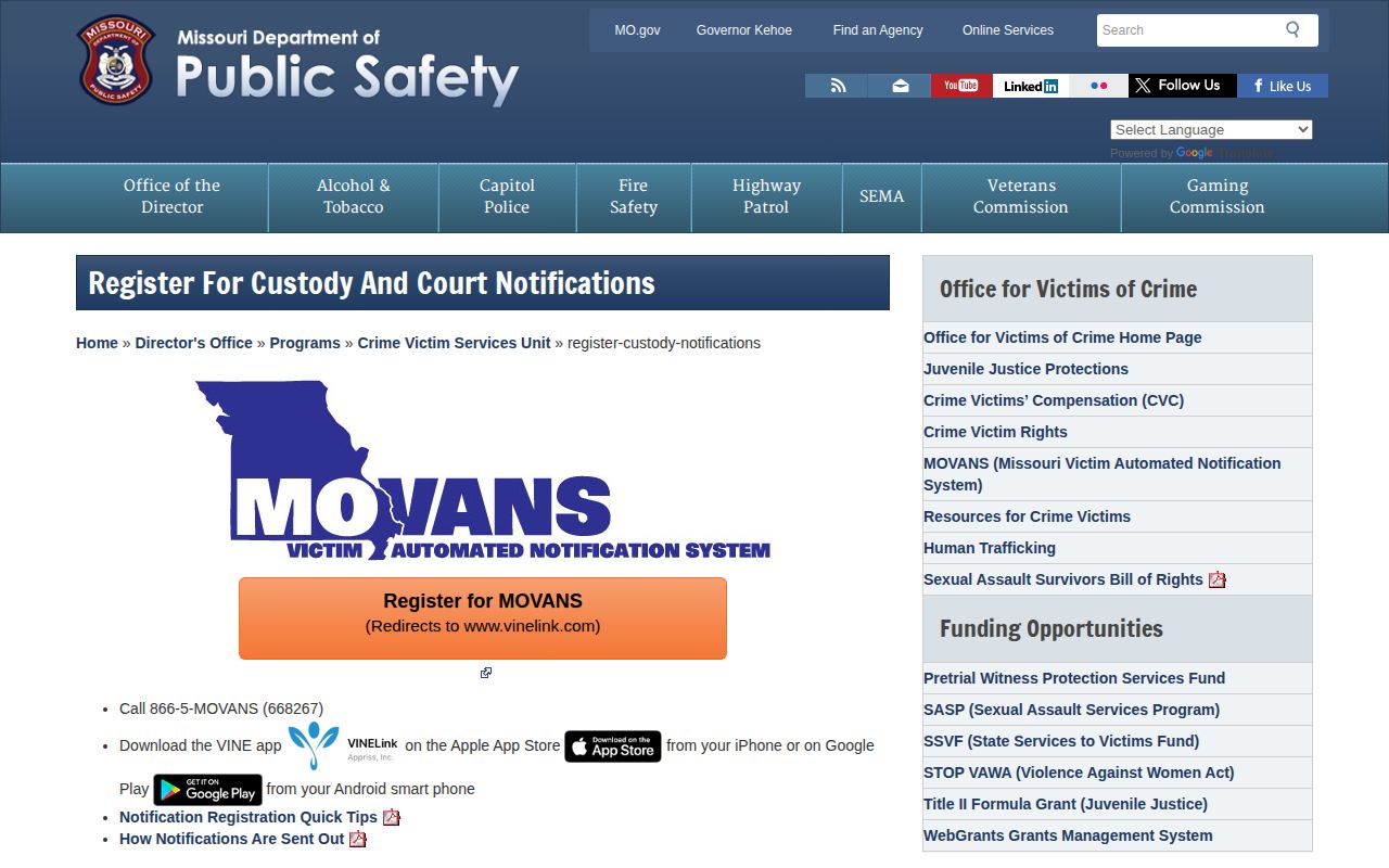 Missouri MOVANS custody notification registration page