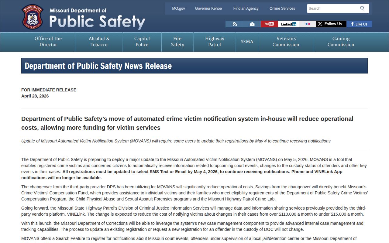 Missouri DPS notice changing MOVANS alerts to text and email
