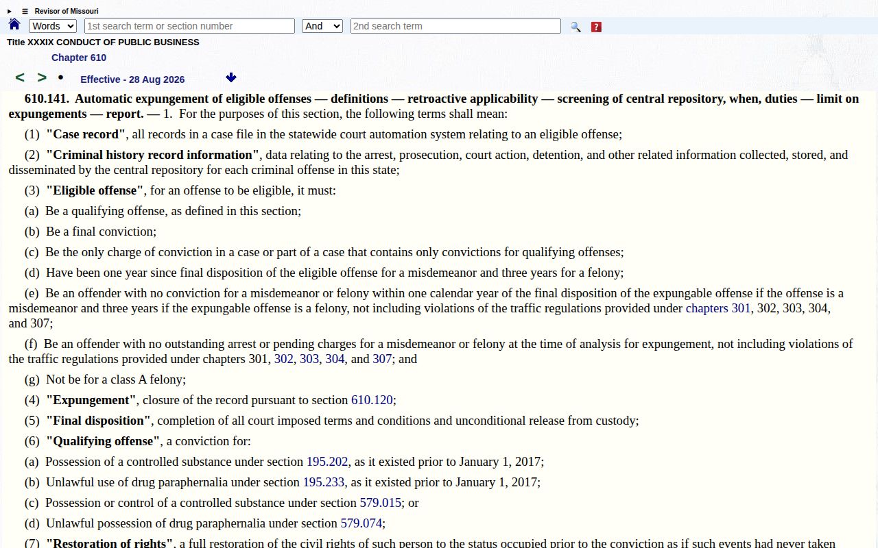Missouri statute section 610.141 automatic expungement page