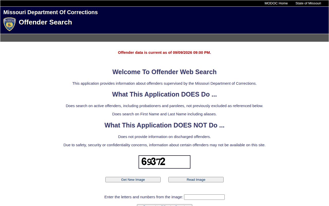 Missouri Department of Corrections public offender search screen